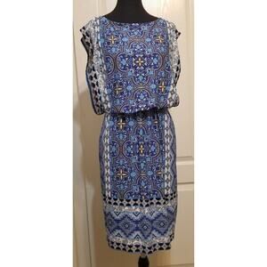 Chico's Blue Ornate Medallion/Floral Print Blouson Dress, PO LNC - Size 0 (XS-2)